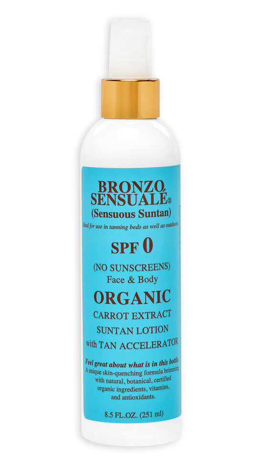 Tanning Lotion - ZERO Sunscreen - Organic & Botanical Ingredients for Deep Golden Sun Tanning and Indoor Tanning Beds - Moisturizing, Non-Greasy Carrot Lotion, by Bronzo Sensuale, 8.5 Fl Oz