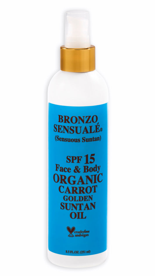 Tanning Oil with SPF 15 Sunscreen Protection – Organic & Botanical Ingredients for Safe, Glowing Tan, Fast-Absorbing Carrot Suntan Oil for All Skin Types, by Bronzo Sensuale 8.5 Fl. Oz.