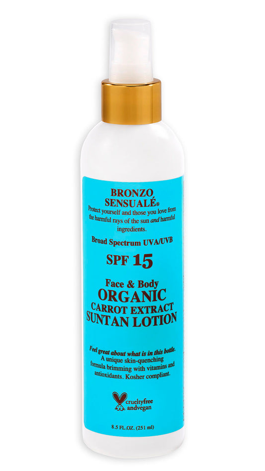 Tanning Lotion with SPF 15 Sunscreen Protection – Organic & Botanical Ingredients for a Sun-Kissed Glow – Moisturizing, Non-Greasy Sun Care Carrot Lotion, by Bronzo Sensuale, 8.5 Fl Oz