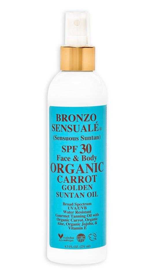 Tanning Oil with SPF 30 Sunscreen Protection – Organic & Botanical Ingredients for Safe, Glowing Tan, Fast-Absorbing Carrot Suntan Oil for All Skin Types, by Bronzo Sensuale 8.5 Fl. Oz.