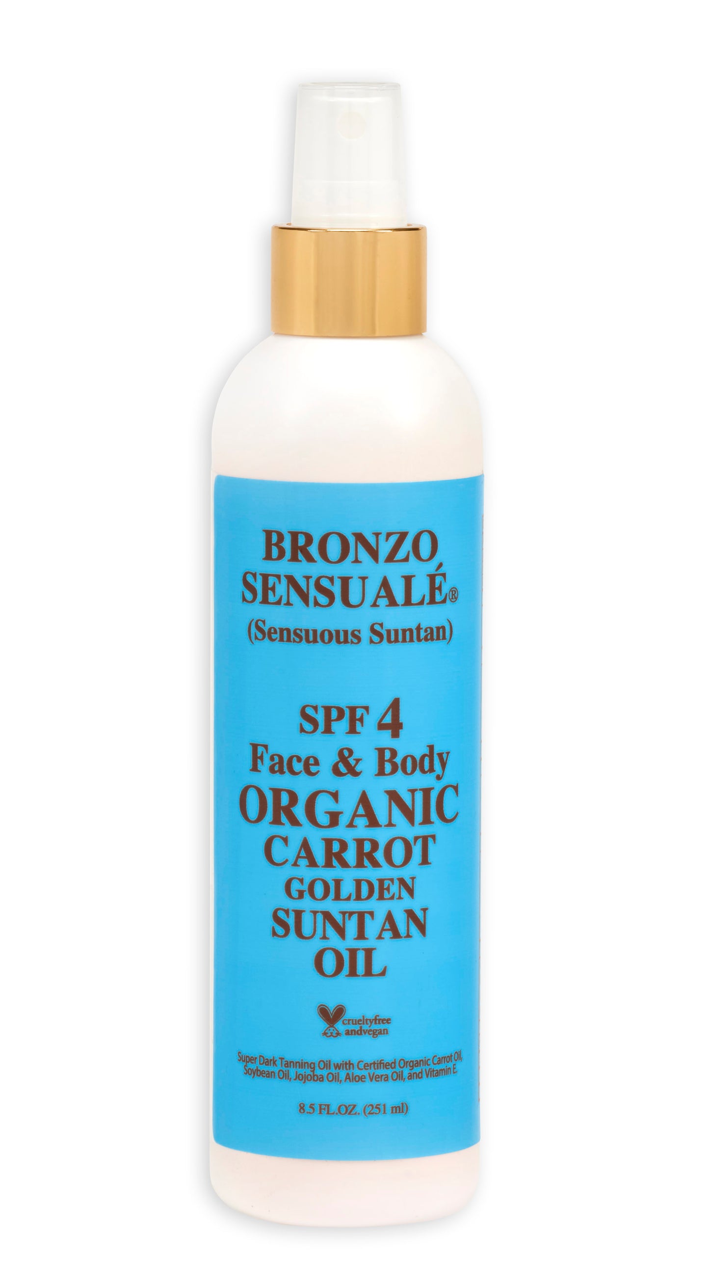 Tanning Oil with SPF 4 Sunscreen Protection – Organic & Botanical Ingredients for Safe, Glowing Tan, Fast-Absorbing Carrot Suntan Oil for All Skin Types, by Bronzo Sensuale 8.5 Fl. Oz.
