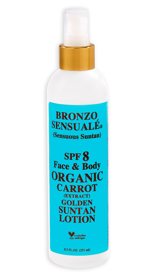 Tanning Lotion with SPF 8 Sunscreen Protection – Organic & Botanical Ingredients for a Sun-Kissed Glow – Moisturizing, Non-Greasy  Sun Care Carrot Lotion, by Bronzo Sensuale, 8.5 Fl Oz