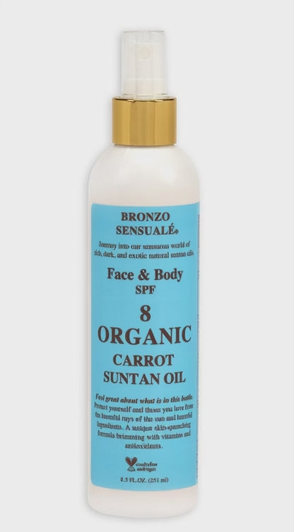 Tanning Oil with SPF 8 Sunscreen Protection – Organic & Botanical Ingredients for Safe, Glowing Tan, Fast-Absorbing Carrot Suntan Oil for All Skin Types, by Bronzo Sensuale 8.5 Fl. Oz.